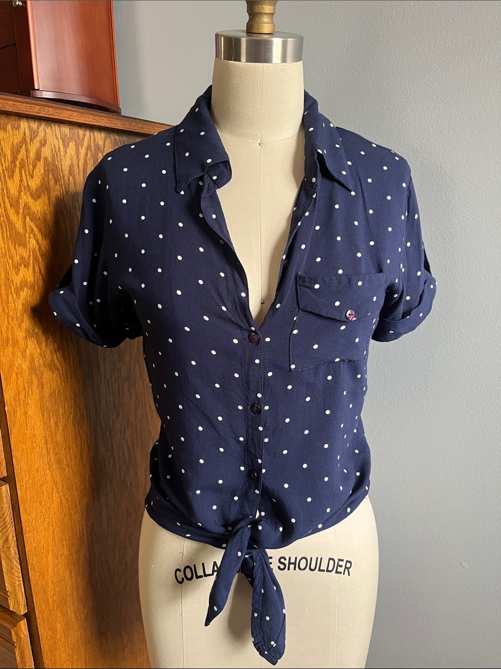 Japna Navy and White Polka Dot Tie-Front Button Shirt